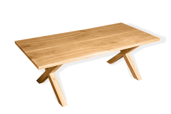 Küchentisch Esstisch 2-Bretter Massivholz Eiche Massiv 40mm mit großem X Tischgestell klar lackiert